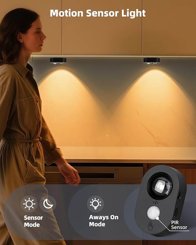 Yiliaw LED Motion Sensor Puck Lights Indoor, Small Rechargeable Under Cabinet Lighting, Dimmable Warm White Closet Lights, Stick on Wireless Night Light for Drawer, Shelf, Kitchen, Black (6 Pack)
