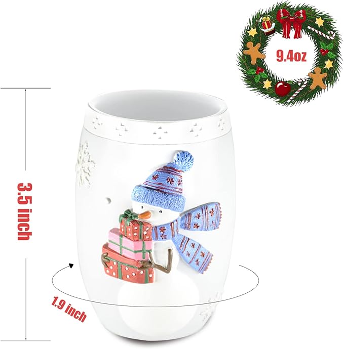 Christmas Bathroom Accessories Snowman Bath Set with Soap Dispenser,Toothbrush Holder, Bath Tumbler and Snow Soap Tray White