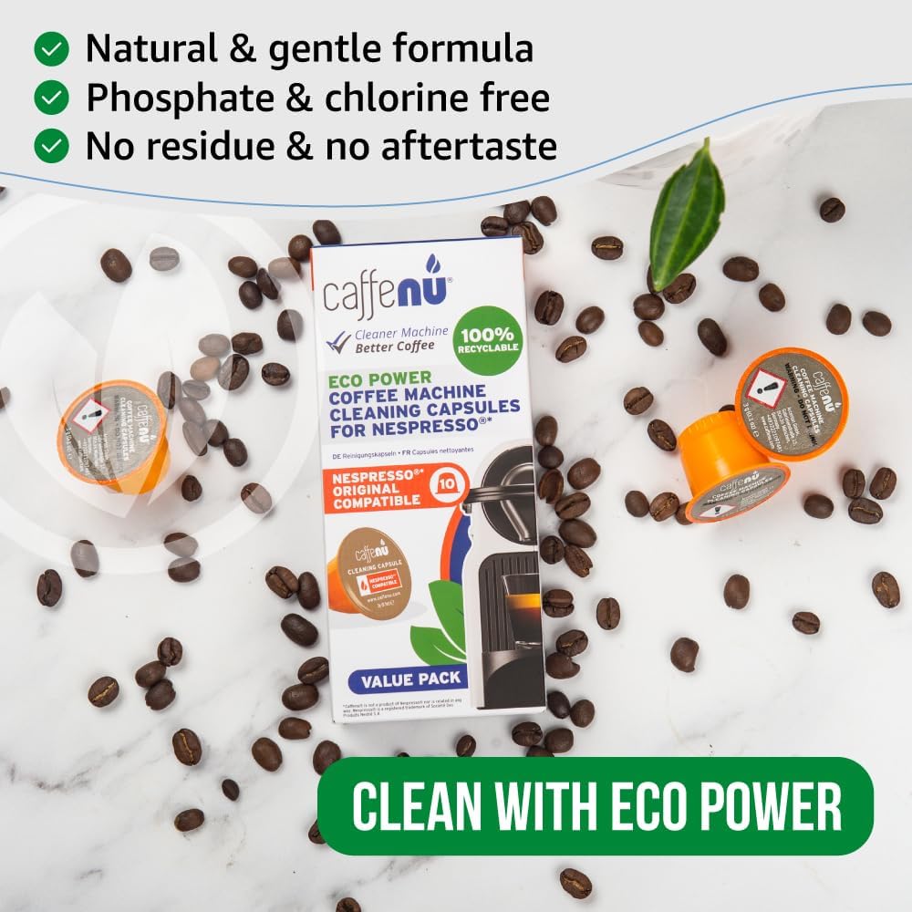 Nespresso Compatible Cleaning Pods. 10 Cleaner Capsules. Improved Coffee Flavor. For Nespresso Originaline, Use with Descaling Kit.