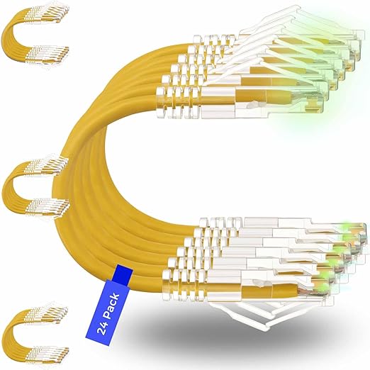 Rapink Patch Cables Cat6/ Cat6a 1ft (24 Pack) Slim, Cat6a Ethernet Patch Cable 10G Support, Snagless Cat 6 Patch Cable for Patch Panel to Switch, Flexiable Cat6 Ethernet Cable Yellow