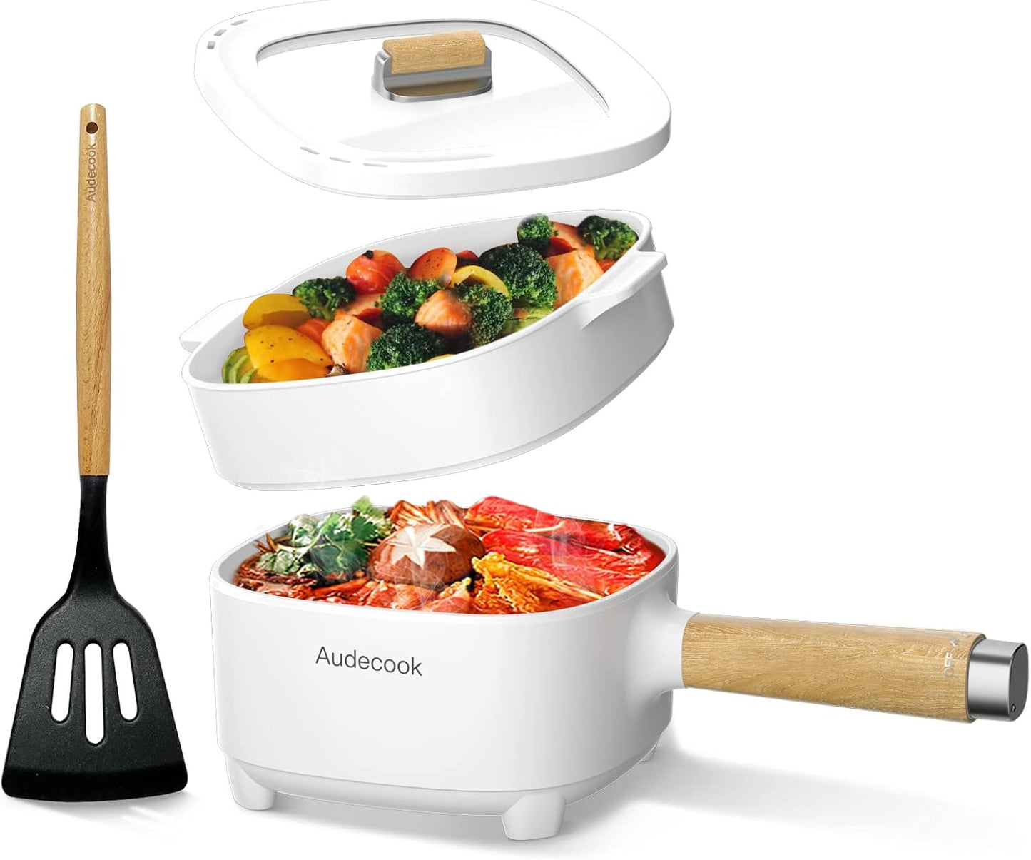 Audecook Hot Pot Electric 2L, Cermic Glaze Non-Stick Frying Pan 8 Inch, Portable Travel Cooker for Ramen/Steak/Fried Rice/Oatmeal/Soup, with Dual Power Control (Silicone Spatula Included)