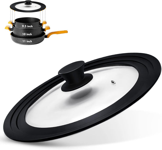 Universal Lid for Pots, Pans and Skillets, Pot Lid With Heat Resistant Silicone Rim and Tempered Glass,Fits 9.5", 10", 11" Diameter Pots and Pans