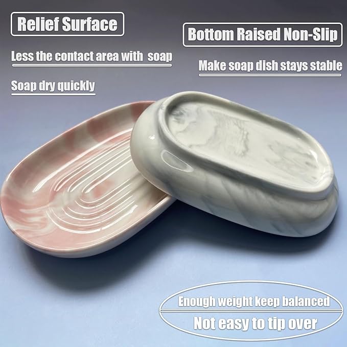 Soap Dish Ceramic, Decorative Ceramic Soap Holder with Unique Marble Textures, Bar Soap Holder for Shower, Bathroom, Kitchen, Tubs, Sink, Hotels, Counters (Gray Texture)