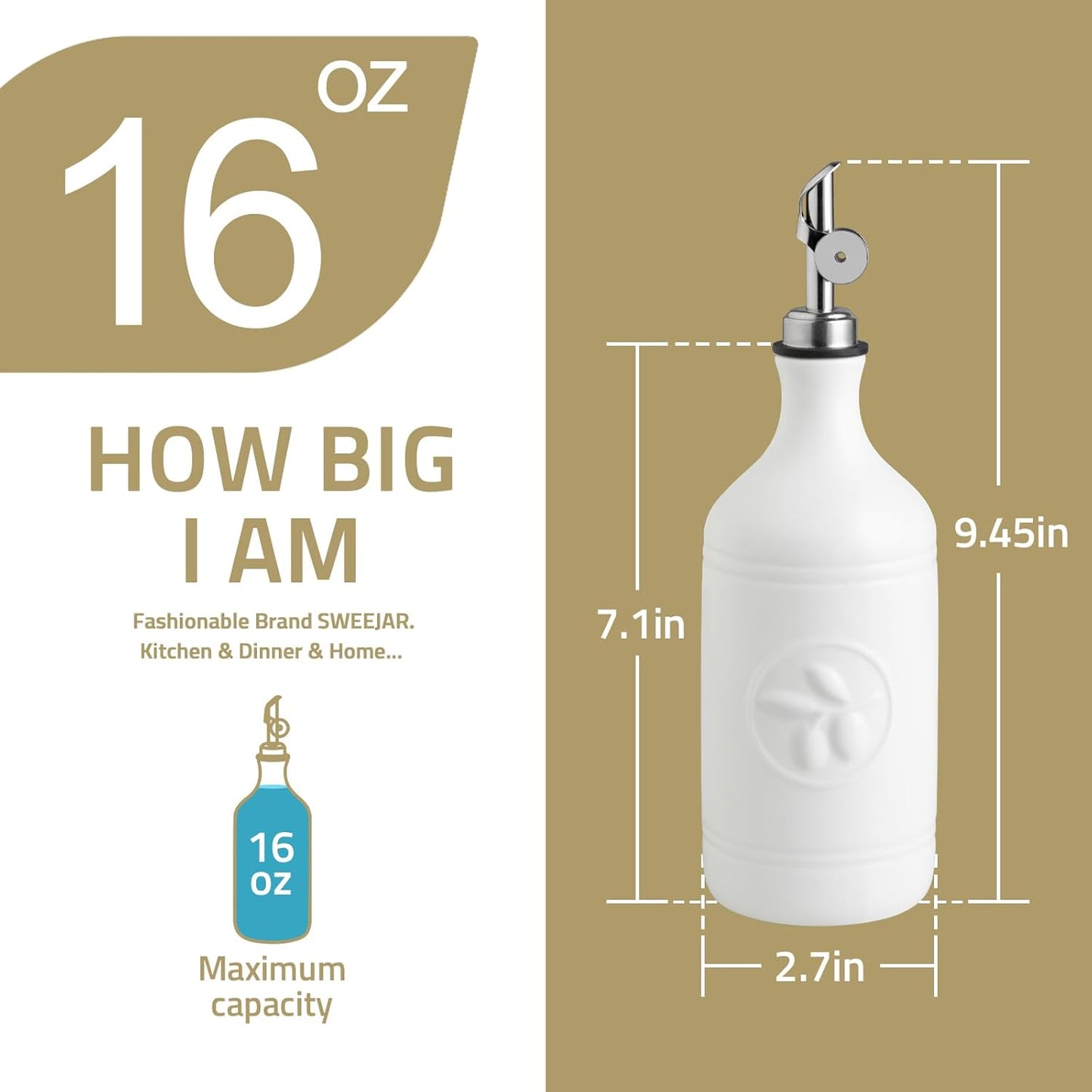 Sweejar 16 Oz Ceramic Olive Oil Dispenser Bottle, Oil Dispenser for Kitchen with Gravity Spout, Relief Opaque Oil Container for Evoo, Avocado Oil, Vinegar, Soy Sauce, 1 Pack(Beige, Silver Spout)