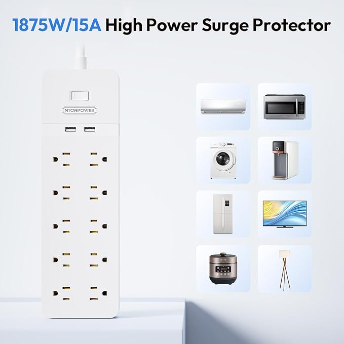 25 Ft Extension Cord ETL, NTONPOWER 2100J Surge Protector Power Strip with 10 AC Spaced Outlets 2 USB Ports, 1875W/15A Overload Protection, Wall Mountable for Indoor, Home, Office or Garage, White