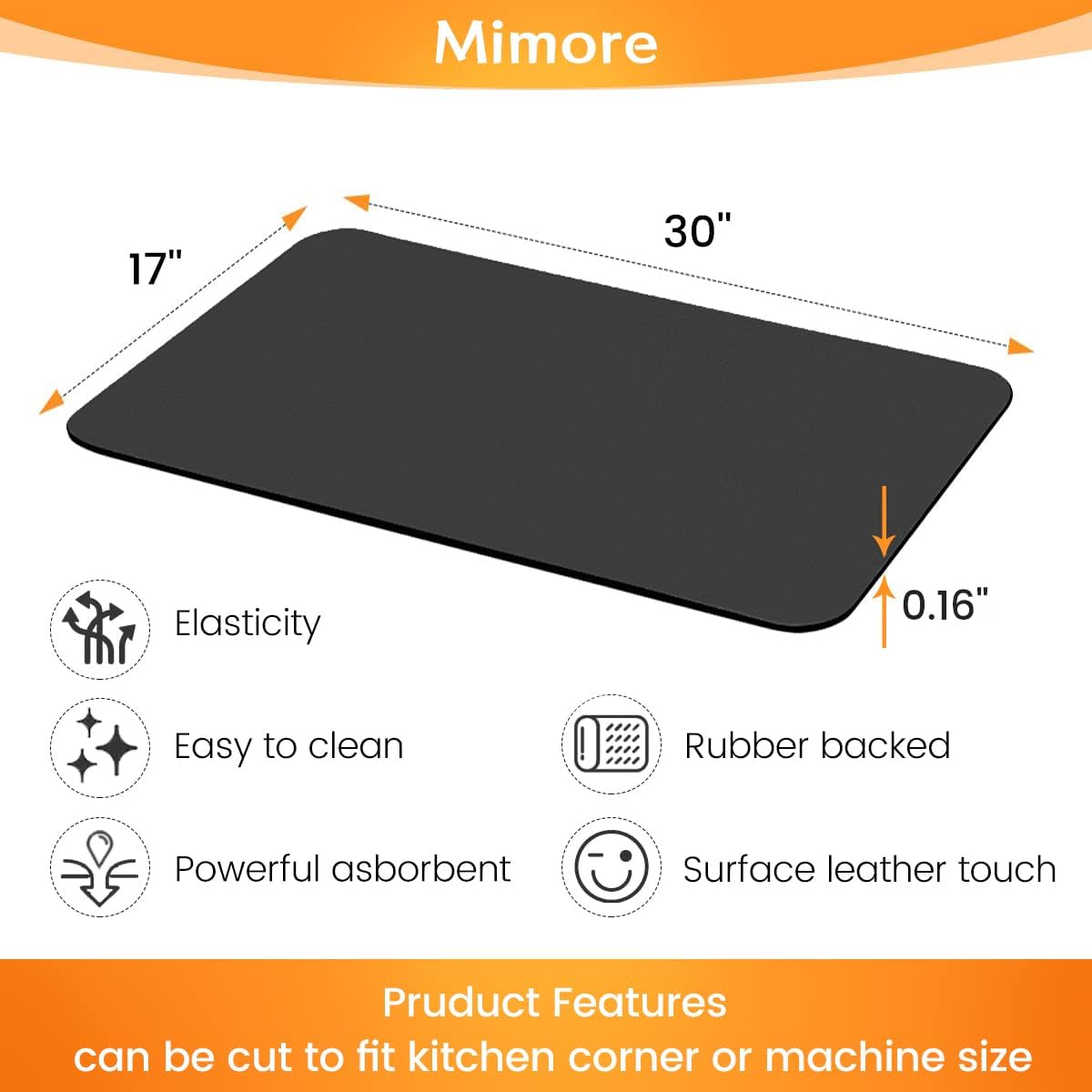 Mimore Coffee Mat - 17x30 Inch Black Countertop Mat - Absorbent, Hides Stains, Rubber Backed - Dish Drying Mat Fits Under Coffee Maker or Espresso Machine (Compatible with Ninja Luxe Cafe)