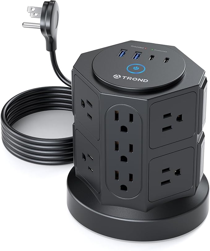 TROND Tower Surge Protector Power Strip with USB, 14 Widely Spaced Outlets, 2 USB-C and 2 USB-A, 2100J Surge Protection, 6 Feet Extension Cord with Multiple Outlets Home, Office, Dorm Essentials Black