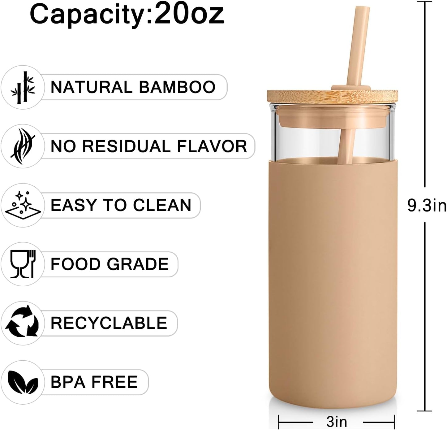 Tronco 20 oz Glass Tumbler with Lid and Straw, Reusable Iced Coffee Cup with Silicone Sleeve & Bamboo Lid, Smoothie Cup for Home, Office, for Father Men Day Gift from Wife Daughter Son (Coffee)