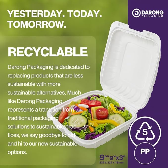 Darong 9x9x3 Clamshell Food Containers with Lids – 150 per Case + 80pcs Bonus Thank You T-Shirt Bags | Disposable Takeout Boxes, 1 Compartment, Microwave & Refrigerator Safe, 100% Recyclable