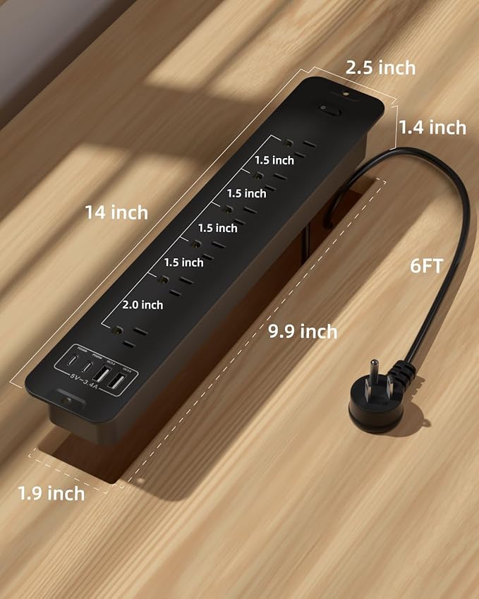 Recessed Power Strip Extension - 10 Outlet Surge Protector with 6 AC - 2 USB-A（18W） and 2 USB-C（PD20W） Ports - Flush Mount Desk Outlet with 6 Feet Cord - for Conference Table (Black)
