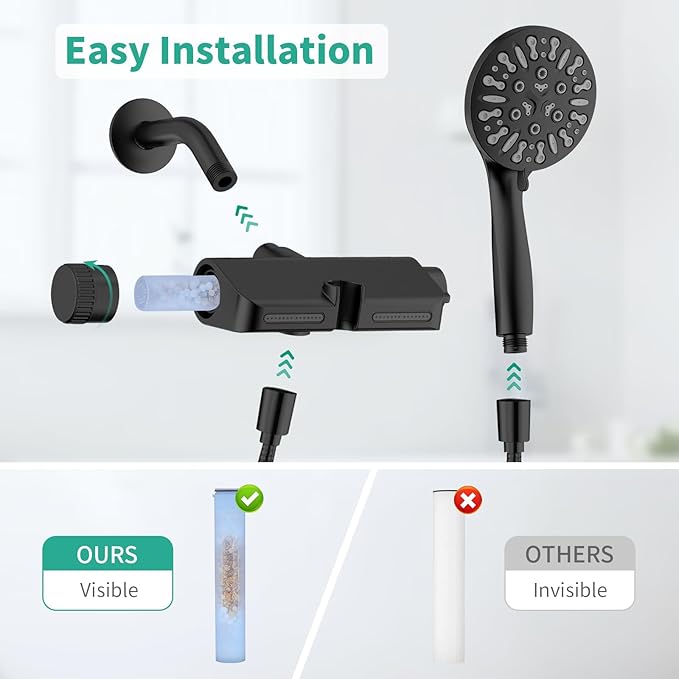 Filtered Shower Head with Handheld Combo, Hard Water Filter Shower Head with 9 Shower Modes, Dual Shower Heads High Pressure, Shower Filters to Remove Chlorine and Fluoride (Matte Black)