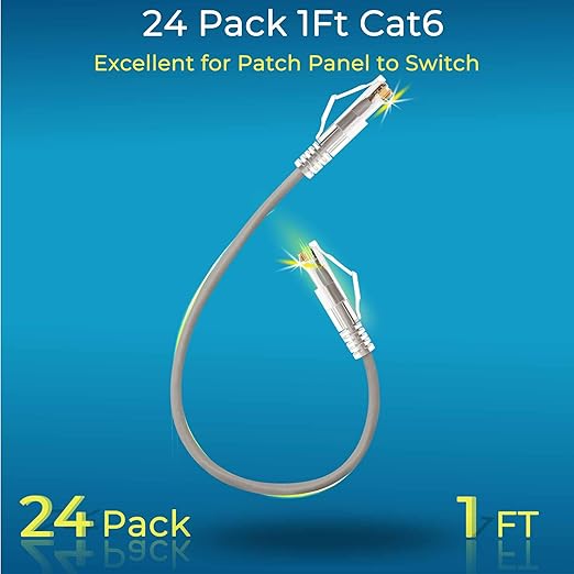 Rapink Patch Cables Cat6/ Cat6a 2ft (24 Pack) Slim, Cat6a Ethernet Patch Cable 20G Support, Snagless Cat 6 Patch Cable for Patch Panel to Switch, Flexiable Cat6 Ethernet Cable Grey