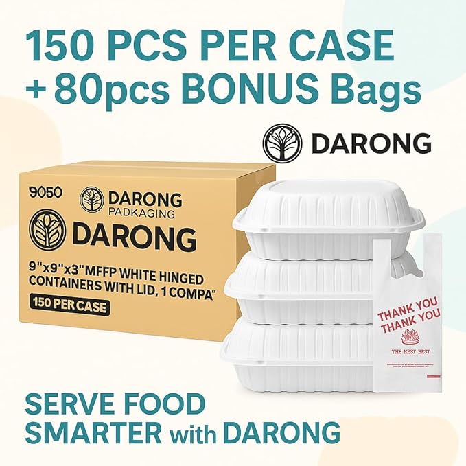 Darong 9x9x3 Clamshell Food Containers with Lids – 150 per Case + 80pcs Bonus Thank You T-Shirt Bags | Disposable Takeout Boxes, 1 Compartment, Microwave & Refrigerator Safe, 100% Recyclable