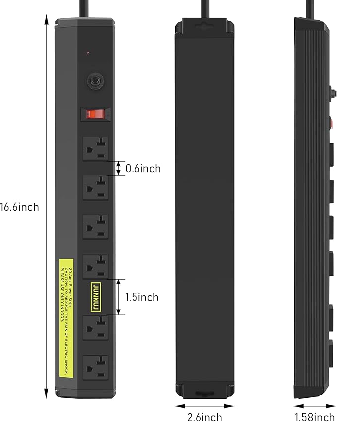JUNNUJ 20 Amp Power Strip Heavy Duty 2 Pack,Heavy Duty 20 Amp Surge Protector 4800J, Garage Metal 6 Outlets 12 Gauge Extension Cord 10ft