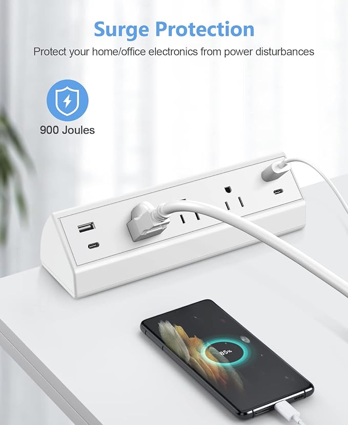 Desk Clamp Power Strip,40W Fast Charging Station,Desktop Mount Surge Protector,2 PD 20W USB C Ports,3 Outlets for Home,Office,Fit 1.9" Tabletop Edge (White, 3 Outlets & 4 USB Ports & 25 FT Cable)