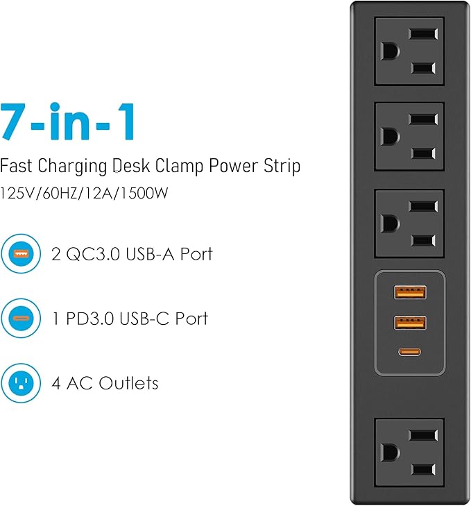 CCCEI Desk Clamp Power Strip with 45W USB-C Ports, Desktop Mount Surge Protector 1200J, Widely Spaced Desk Outlet Station, Fast Charging, 10 FT Flat Plug, Fit 1.9 inch Tabletop Edge.