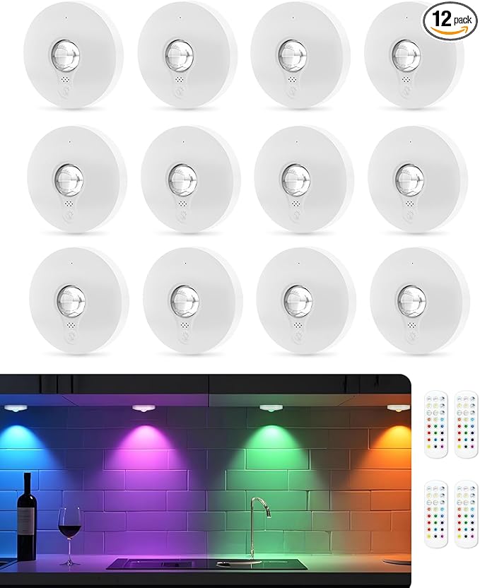 Rechargeable RGB Puck Lights with Remote Control, 1500mAh Battery Operated Push Lights, Dimmable & Timer Under Cabinet Lighting for Closet, Bedroom, Kitchen White 12Pcs
