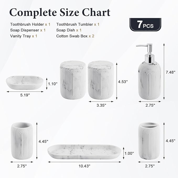 Bathroom Accessories Set - 7-Piece Resin Bathroom Set, Toothbrush Holders Set, Soap Dispenser, Qtip Holder Dispenser, Tumbler, Soap Dish & Tray, Modern Bath Decor for Home Dorm Hotel (Marble White)