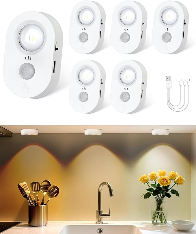 Yiliaw LED Motion Sensor Puck Lights Indoor, Small Rechargeable Under Cabinet Lighting, Dimmable Warm White Closet Lights, Stick on Wireless Night Light for Drawer, Shelf, Kitchen, White (6 Pack)