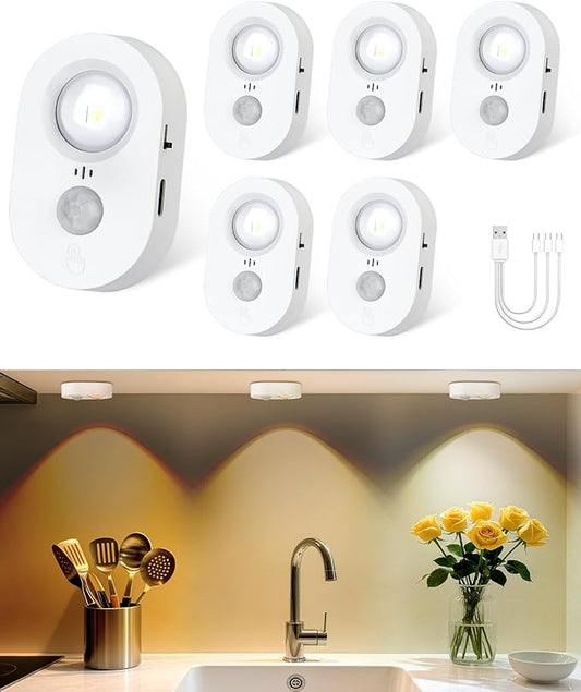 Yiliaw LED Motion Sensor Puck Lights Indoor, Small Rechargeable Under Cabinet Lighting, Dimmable Warm White Closet Lights, Stick on Wireless Night Light for Drawer, Shelf, Kitchen, White (6 Pack)