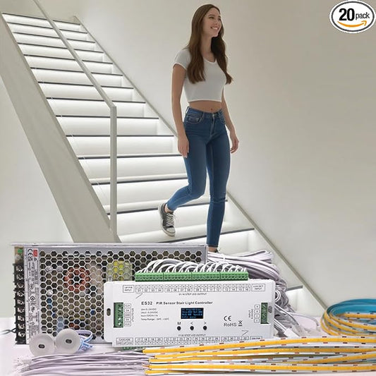 Intelligent Motion Sensor Stair Lights Indoor Staircase Lighting Kit ES32 PIR Sensor 4Feet Wide Cuttable Daylight White Dotless COB LED Strips 20PCS Complete Item (6000k)