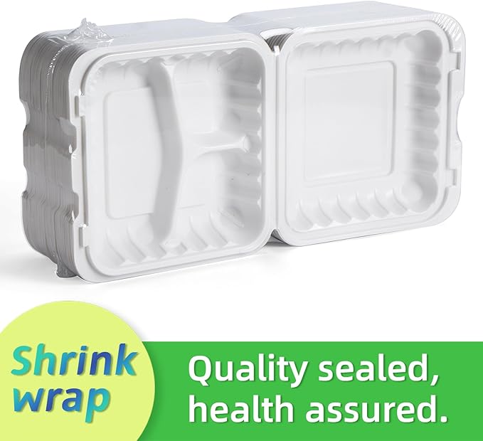 Food Containers Mineral Filled PP Plastic - 7.8 Inch 30oz 65 Pack BPA Free 3 Compartments Shrink Wrap To Go Boxes | Freezer & Microwave Safe for Takeout | White Reusable & Disposable Container