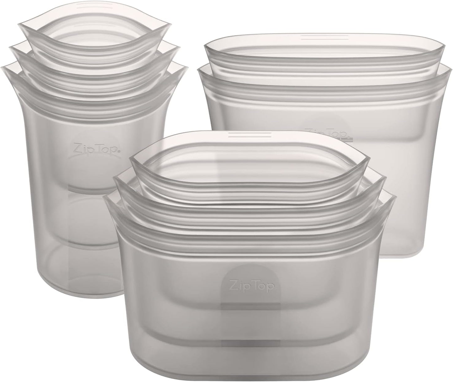 Zip Top Reusable Food Storage Bags | Full Set of 8 [Gray] | Silicone Meal Prep Container | Microwave, Dishwasher and Freezer Safe | Made in the USA