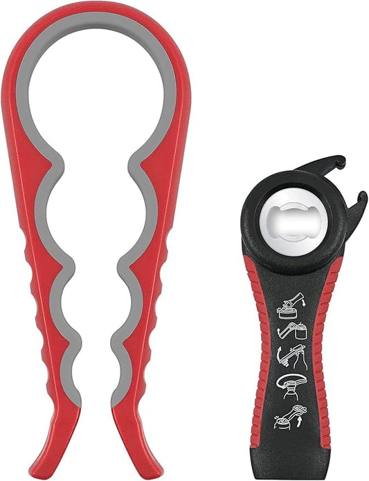 Jar Opener Bottle Opener for Weak Hands, 5 in 1 Multi Function Can Opener Bottle Opener Kit with Silicone Handle Easy to Use for Children, Elderly and Arthritis Sufferers, Red