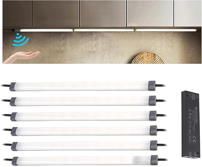 VST Hand Wave Activated Under Cabinet Lights Plug in, Closet Lights, Stepless Dimming Lighting for Kitchen Shelf Cupboard Closet Workbench (12inch 6Pack 4000K)