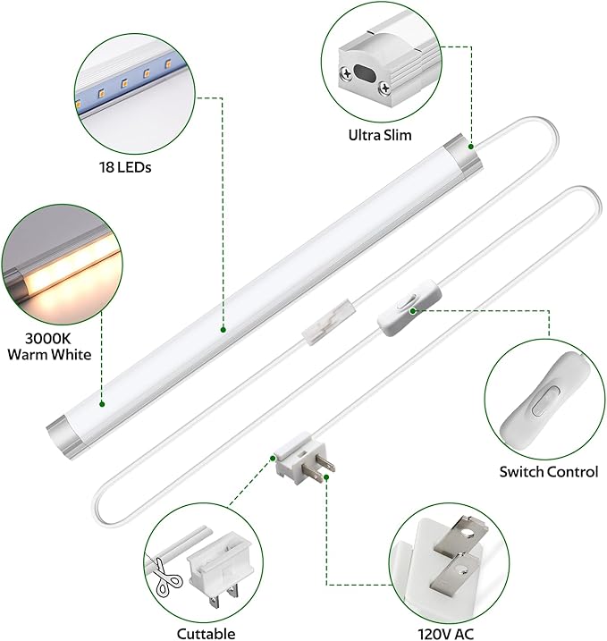 AIBOO Under Cabinet Lighting, Dimmable 12 inch Under Counter Lights, 120V Plug in & Hardwired, Linkable LED Closet Lights for Kitchen, Shelf, Workbench, Desk,Cupboard,Garage (6 PCS), Warm White 3000K