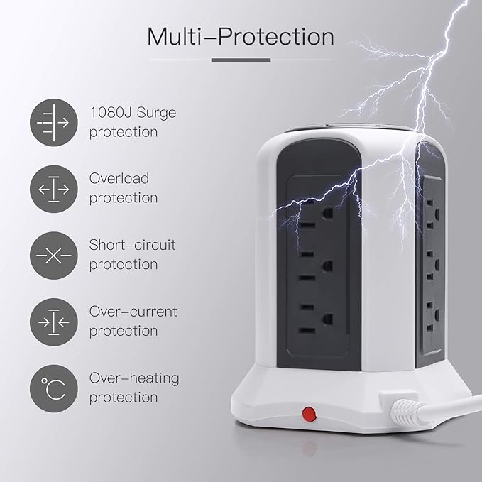 10ft Power Strip Tower Wireless Charger SUPERDANNY Surge Protector Extension Cord 10A 9-Outlet 4.5A 4 USB Electrical Charging Station Universal Socket for Laptop Phone White and Gray