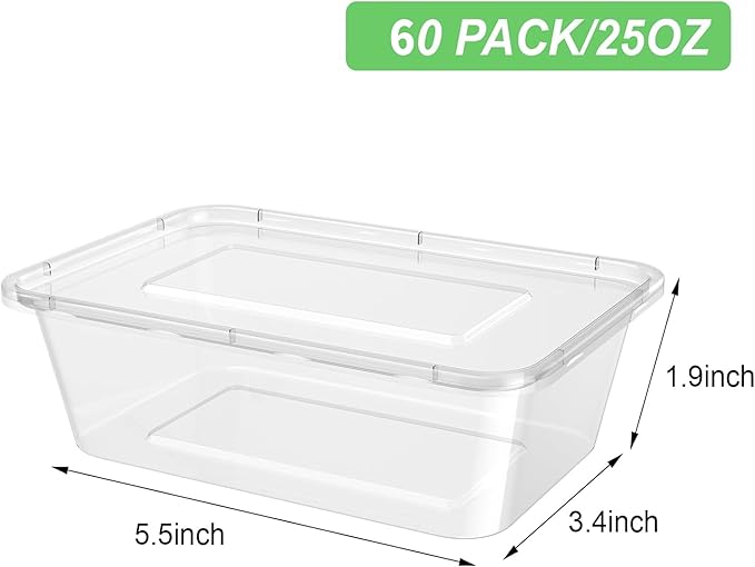 Bokon 60 Pcs Plastic Meal Prep Container with Lid Disposable Clear Lunch Containers Stackable Food Storage Container Box Spill Proof for Salad Snack Microwave Dishwasher Freezer Safe (25 oz)