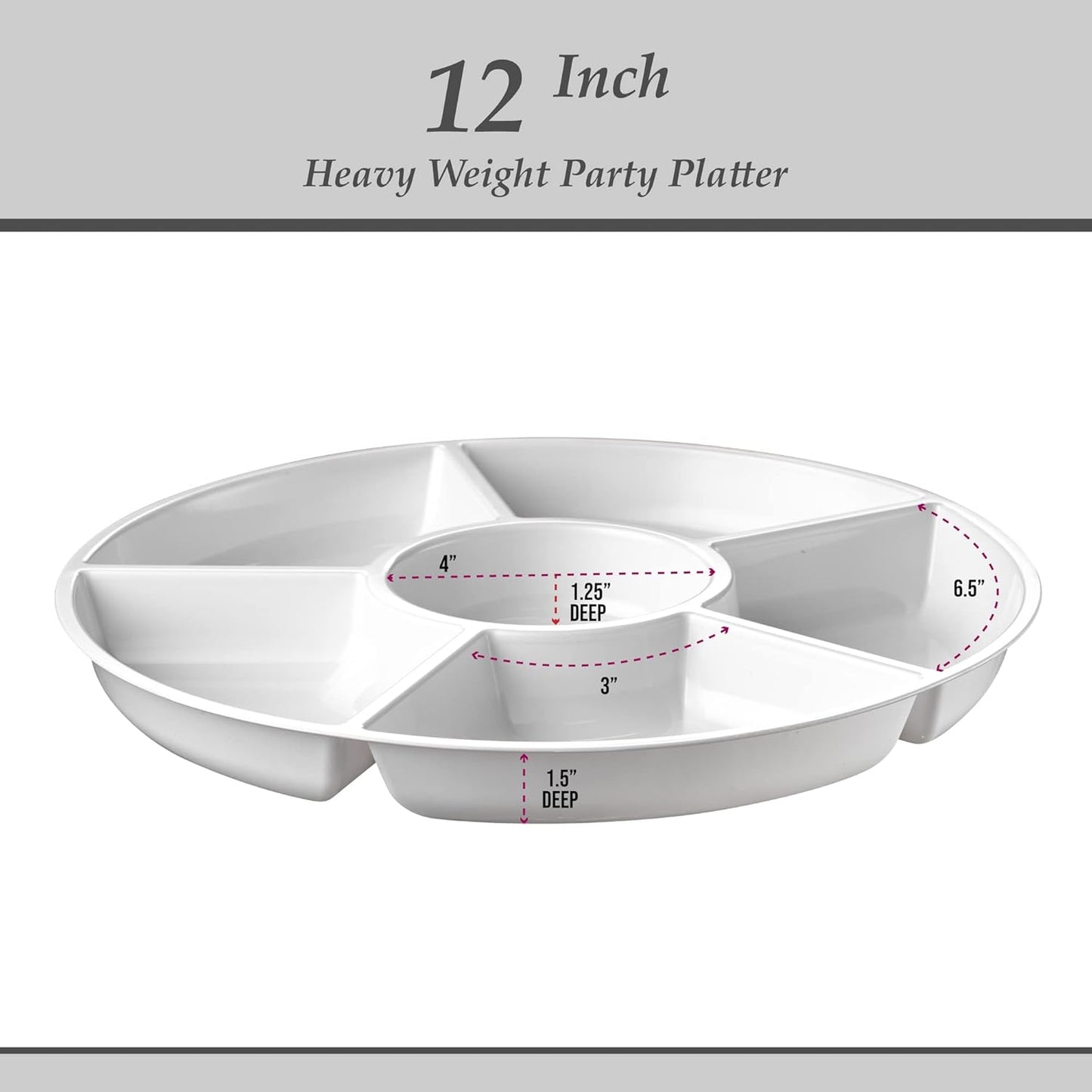 Plasticpro 6 Sectional Round Plastic Serving Tray/Platter (2, White)
