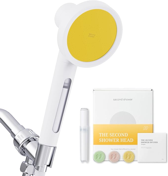 SecondShower Hand Clinically Proven Filtered Shower Head for Skin Health, High Pressure Handheld with NSF Certified Filtration for Hard Water, Natural Vitamin C Shower Filter (Citrus Yellow)