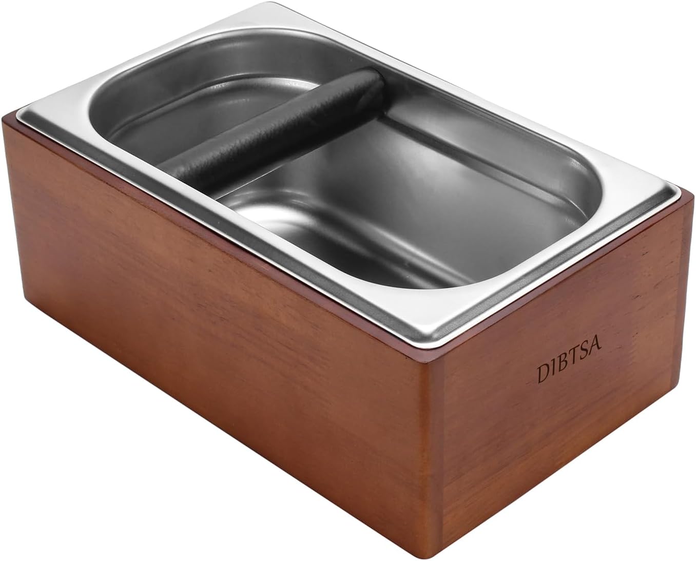 DIBTSA Knock Box Espresso, Coffee knockbox with Rubber Knock Bar and Anti-slip Pad, Commercial Use Large Capacity, Stainless Steel and Wooden, Espresso Accessory