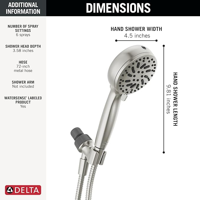 Delta Faucet ProClean Brushed Nickel Shower Head with Handheld, Showerhead with High Pressure Spray, Handheld Shower Head, 6 Spray Settings, SpotShield Brushed Nickel 75740SN