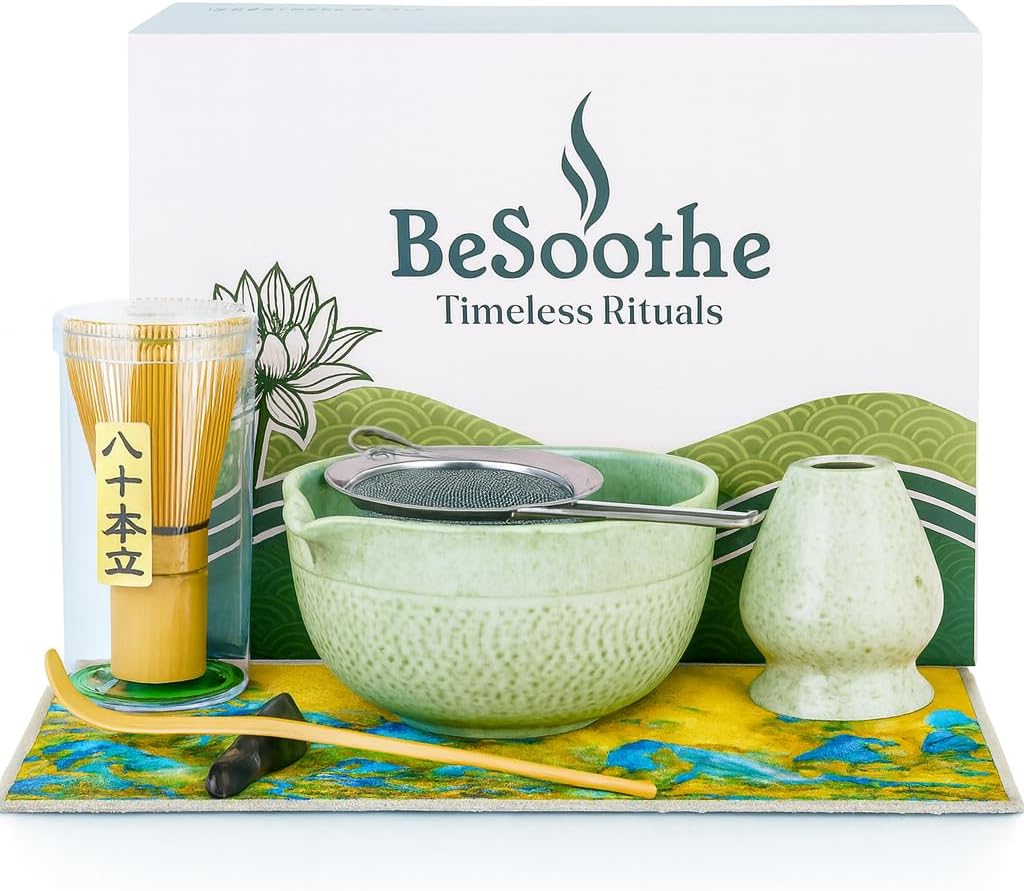 BeSoothe Matcha Whisk Set - Premium Matcha Set 7 Pcs - Ceremony Matcha Powder Kit - Matcha Tea Set for Making Latte - Matcha Whisk Set and Bowl with Scoop&Sifter, Ceramic Bowl - Gift for Matcha Lovers