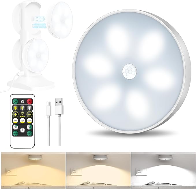 3 Colors Temperatures LED Closet Light Wireless Motion Sensor Step Light Compatible with Charging Station, USB Rechargeable Battery Operated Puck Light with Remote (1 Pack)