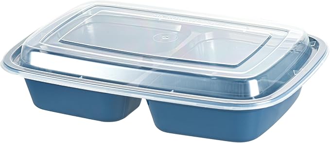 Restaurantware Asporto 26 Ounce Compartment Take Out Boxes, 100 Microwavable Meal Prep Containers - 3 Compartments, With Clear Plastic Lids, Midnight Blue Plastic Food Containers, Do Not Contain BPA