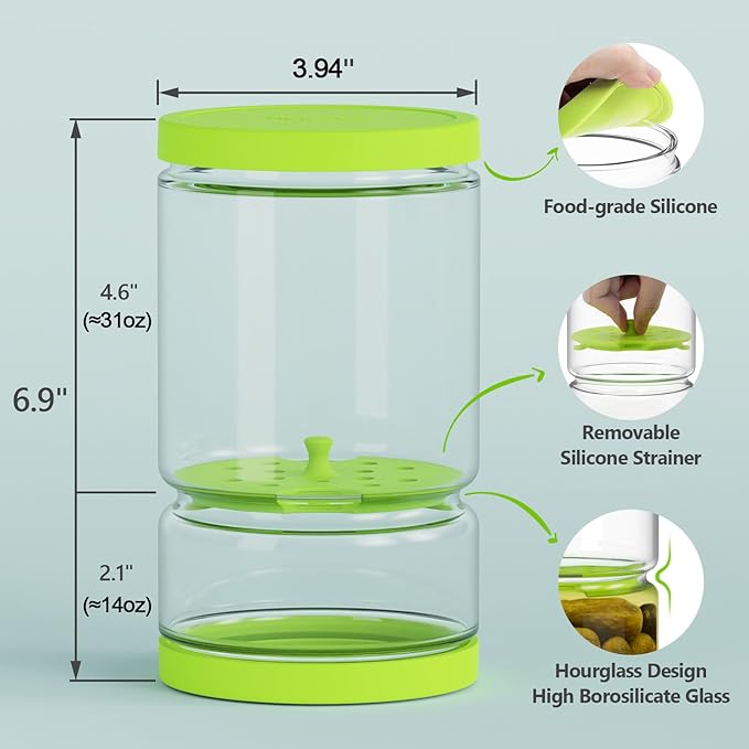 Glass Pickle Jar with Strainer Flip for Pickle Lover - 45 oz Leakproof Airtight Juice Separator for Olive, Gherkin or Chilli, BPA Free, Dishwasher and Refrigerator Safe (Green, 45 oz*1 pack)