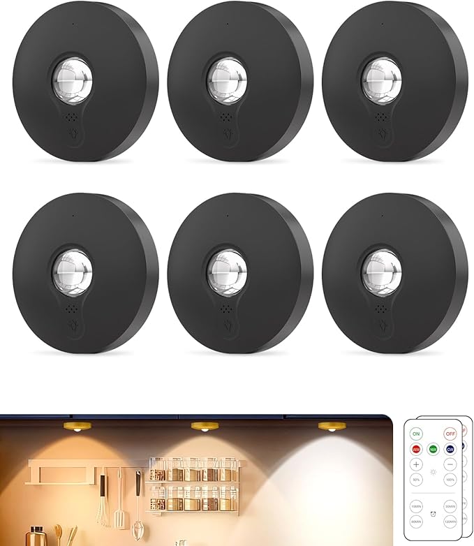 Rechargeable Puck Lights (6Pcs) with Remote, 1500mAh Battery, Dimmer & Timer, Wireless Led Stick on Lights for Bedroom, Kitchen
