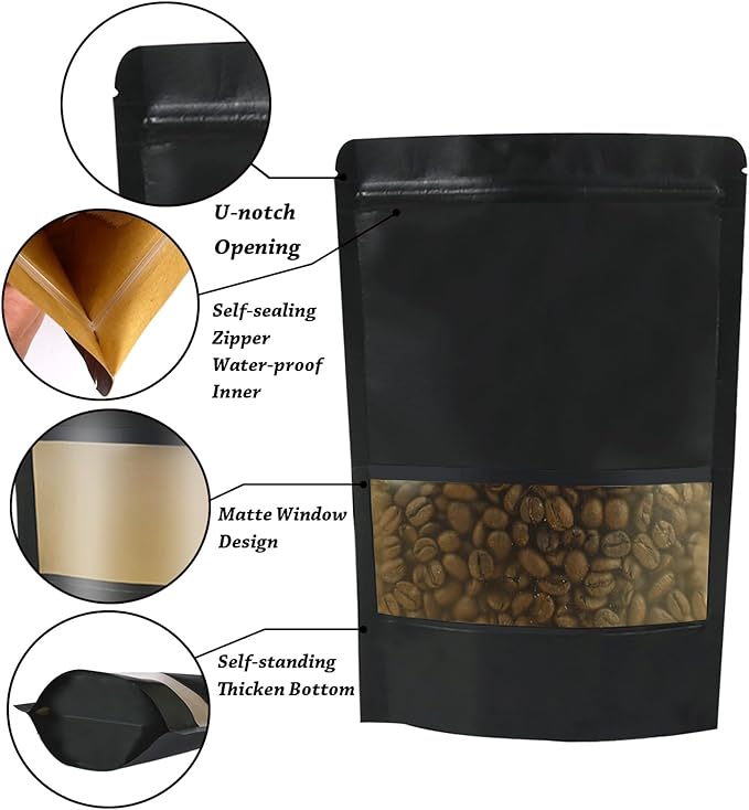 100 PCS Resealable Stand Up Kraft Paper Bags With Matte Window, Zipper Lock Food Storage for Small Business and Home, 3.93 * 5.91 Inches Reusable Sealable Packaging - Black