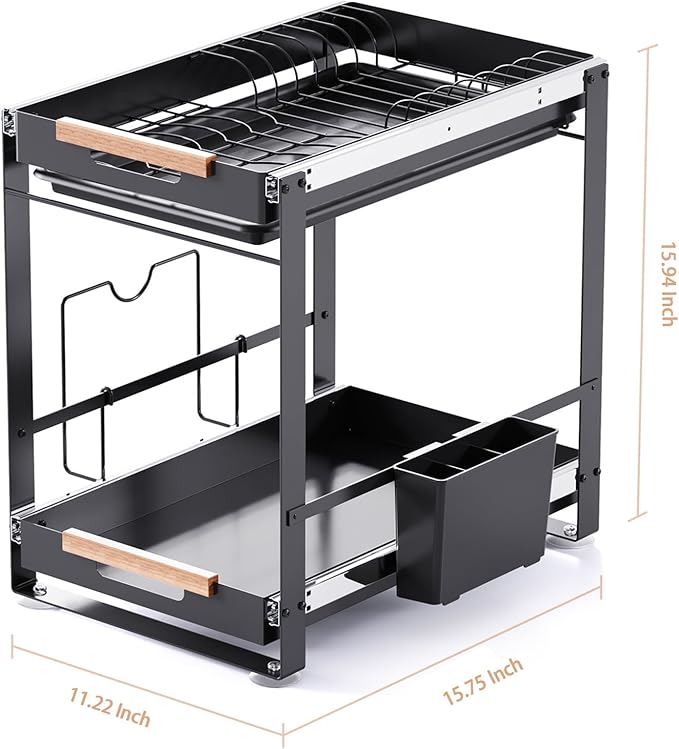 2-Tier Pull-Out Dish Rack & Spice Organizer for Kitchen Storage, Space-Saving Countertop Organizer for Dishes, Spice Jars and Utensils, 15.7''L x 11.2''W x 15.9''H, Steel, Black