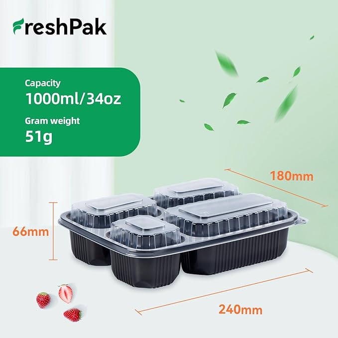 FRESHPAK Meal Prep Container Reusable 40 Pack 34oz - Shrink Wrap Leakproof | Portion Control Leftover Plastic Food Containers with Lid | BPA Free Freezer & Microwave Safe | 4 Compartment Takeout Boxes