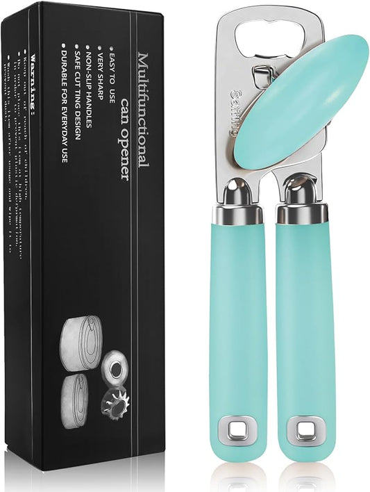 Can Opener Manual, Heavy Duty Stainless Steel Smooth Edge Can Opener With Soft Touch Handle, Oversized Handheld Easy Turn Knob, Multi-Function Bottle Opener, Aqua Sky