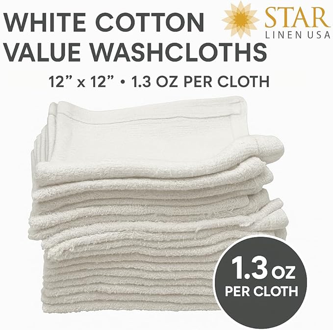 12 Inch x 12 Inch White Cotton Value Washcloths - Reusable Lt Weight Thin Cloth Rags - Bath/Exfoliating/Kitchen/Garage - Set of 60
