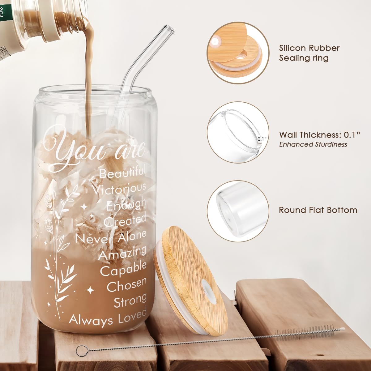 SANDJEST Inspiration Glass Can, Positive Motivational Cup with Lid & Straw, Iced Coffee Aesthetic Cups, Idea Gift for Christmas Birthday Mother Day, Gifts for Women, 16oz
