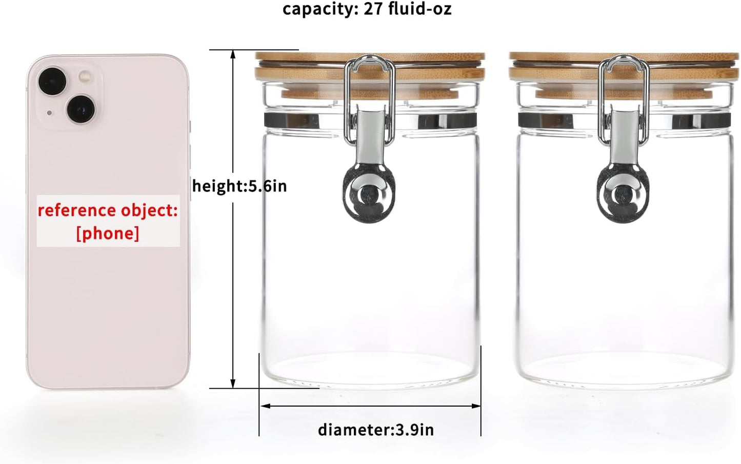 KKC HOME ACCENTS Borosilicate Glass Sealed Jars with Airtight Lid, Airtight Glass Food Storage Container with Locking Clamp Bamboo Lid for Loose Tea,Sugar,Cocoa,Coffee Canister,27 fl oz
