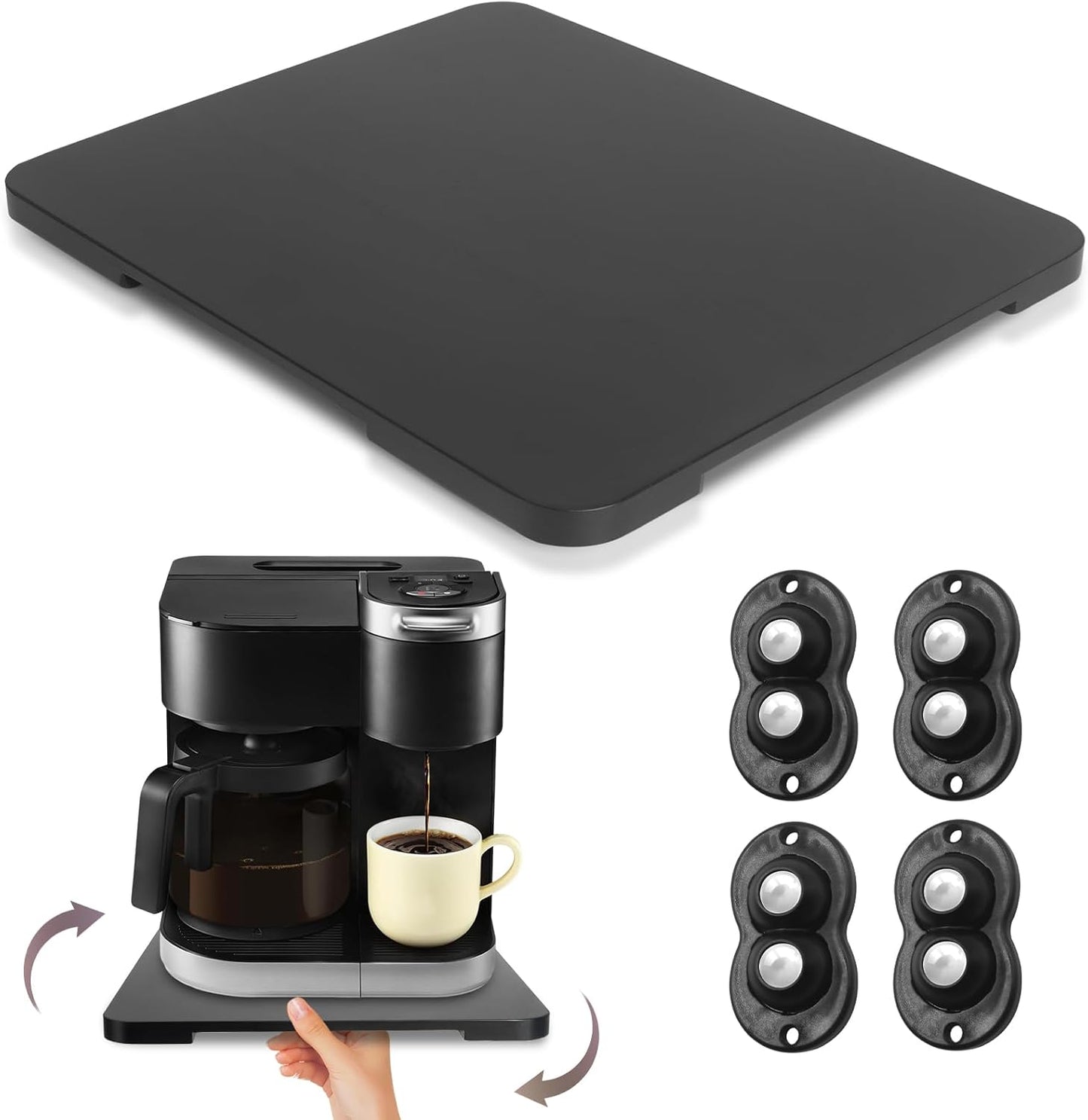 360° Rolling Tray Bamboo Appliance Slider for Kitchen Appliances, Coffee Maker Mat Tray for Countertops Sliding Tray for Coffee Maker Appliances Mat Easily from Under The Cabinet Black 11.6×13.9
