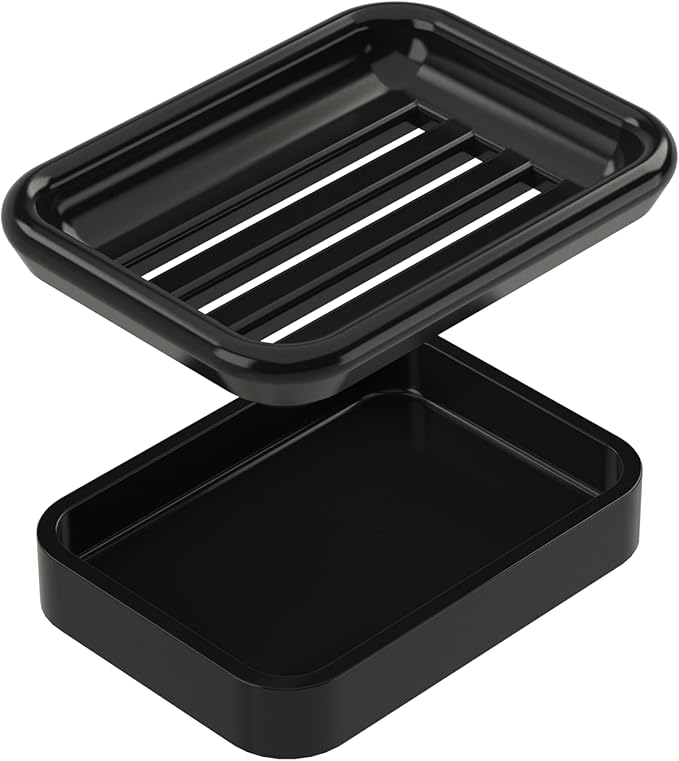 Composite Granite Soap Dish, Double Layer Strainer Soap Holder, Suitable for Kitchens, Bathrooms, and Bar Sinks, Durable Soap Holder for Shower, Best Place for Your Soap Bar (Black)